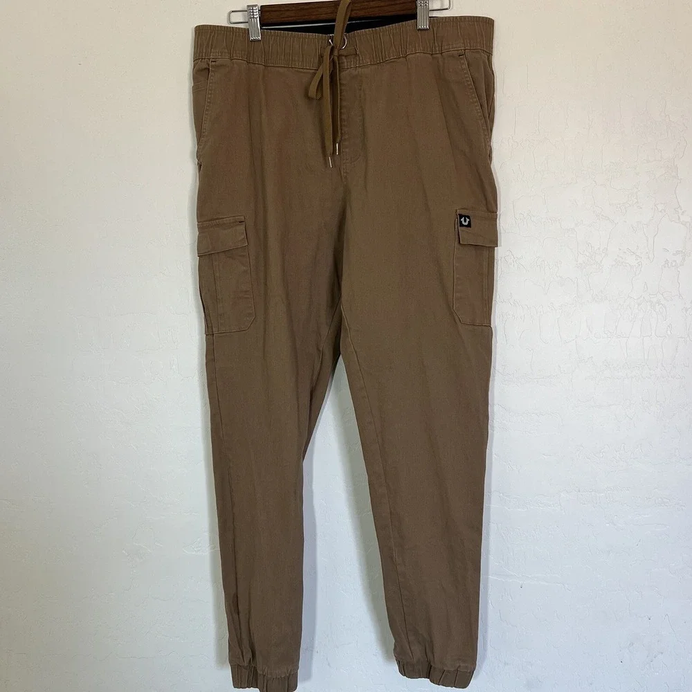 True Religion Joggers Mens Medium Khaki Cotton Tapered Fit Cargo Stretch